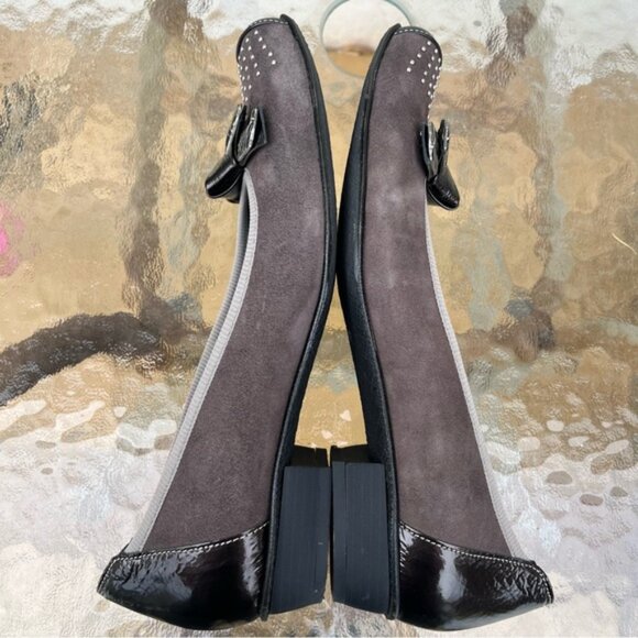 Un Tour En Ville Dark Grey Suede/Espresso Patent Leather Square Toe Slip On Shoe - Picture 5 of 14